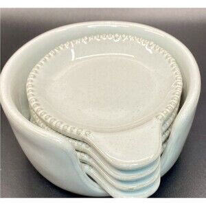 Hearth & Hand With Magnolia Stoneware Teabag / Butter Dishes W/ Caddy, 5 Pc Set.